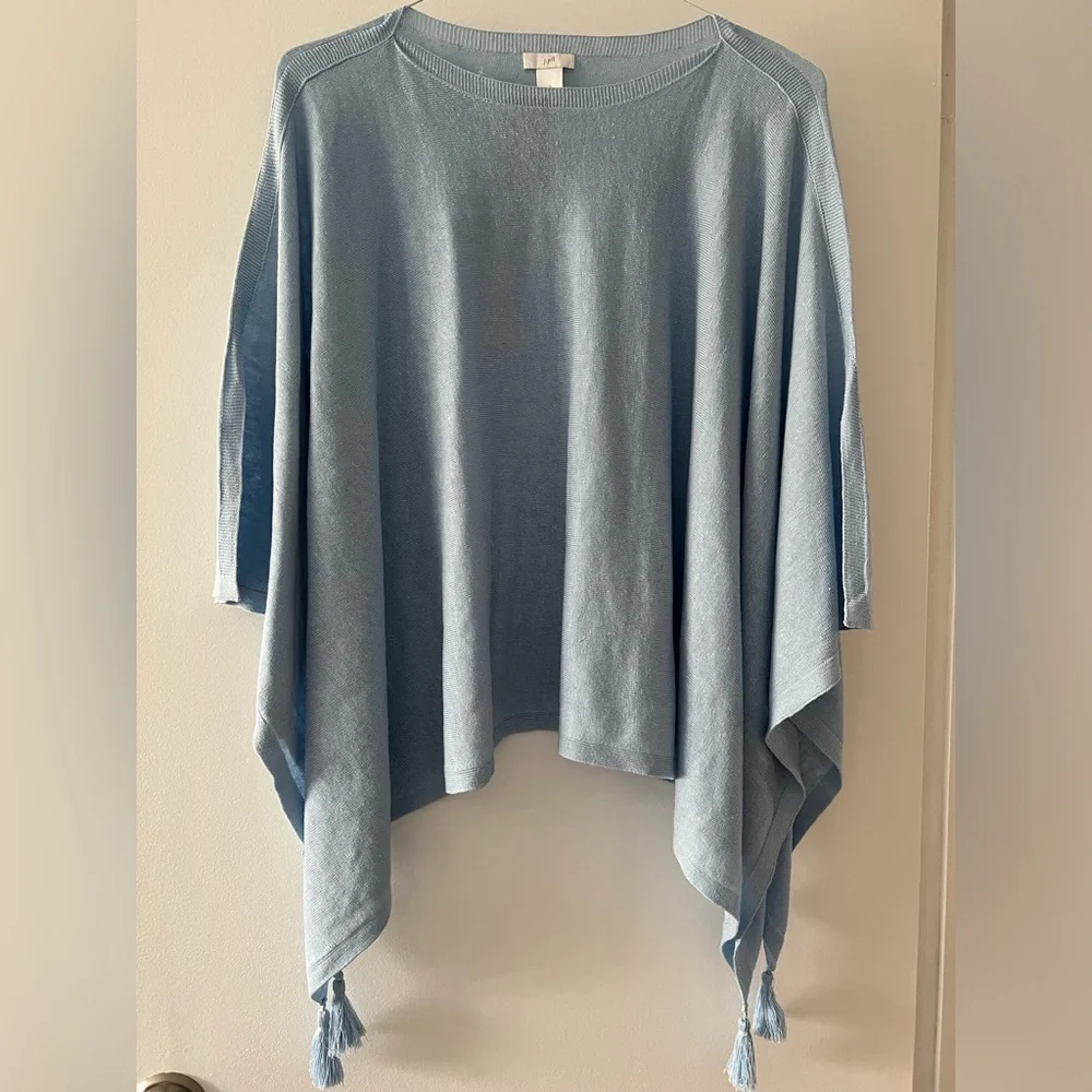 J. Jill Linen-Blend Light Blue Tassel Hem Poncho Top One Size Flowy Boho